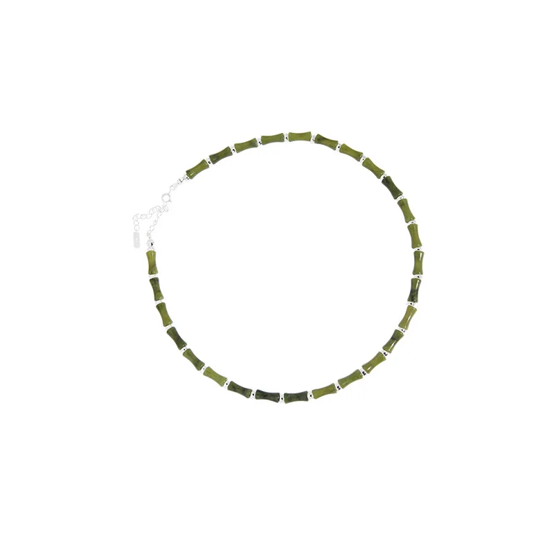 

Minimalist Design with A Niche Feel, Natural Olive Jade, Silver Bead, Bamboo Knot Necklace, 925 Sterling Silver, Female