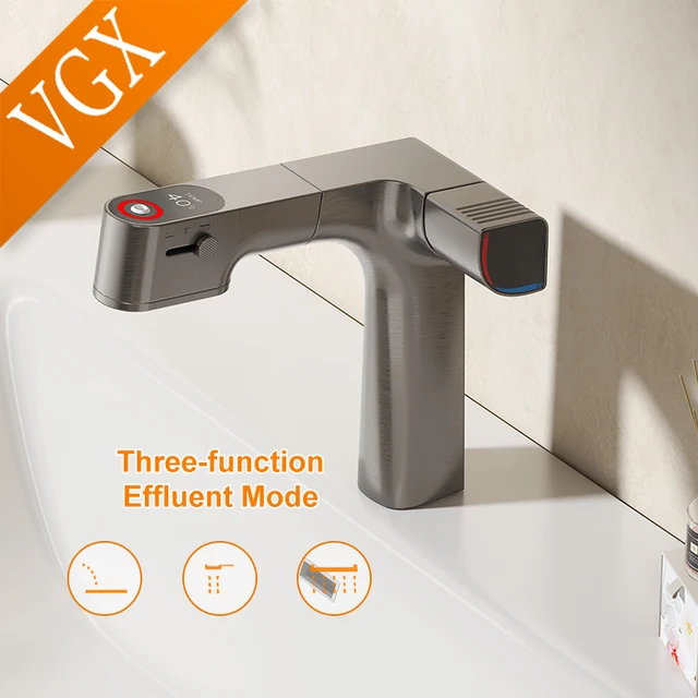 VGX Rubinetti per bagno purificati Rubinetto con filtro dell'acqua estraibile Miscelatore per lavabo bianco Rubinetto per lavabo Display a LED gourmet Gru per rubinetteria in ottone 6