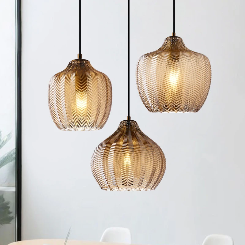 Modern Nordic Amber Glass LED Pendant Lamp For Living Room Bedroom Dining Room Kitchen Bedside Decoration Small Chandelier Light 2