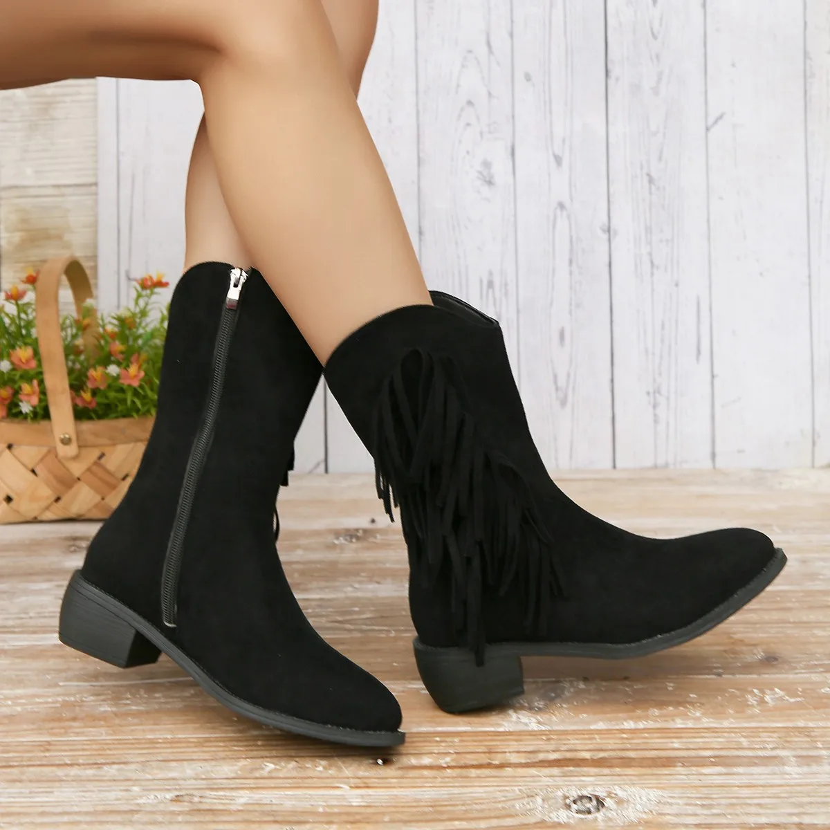 Aphixta Fringe Women Ankle Boots Side Zipper High Heels Modern Ankle Boots Black Shoes Woman Boats botines Plus Size 43 Footwear