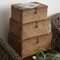 Seaweed Organizers Storage Basket Hand-woven Storage Box Sundries Organizer Cosmetic Toy Basket with Lid Clothes Container 2