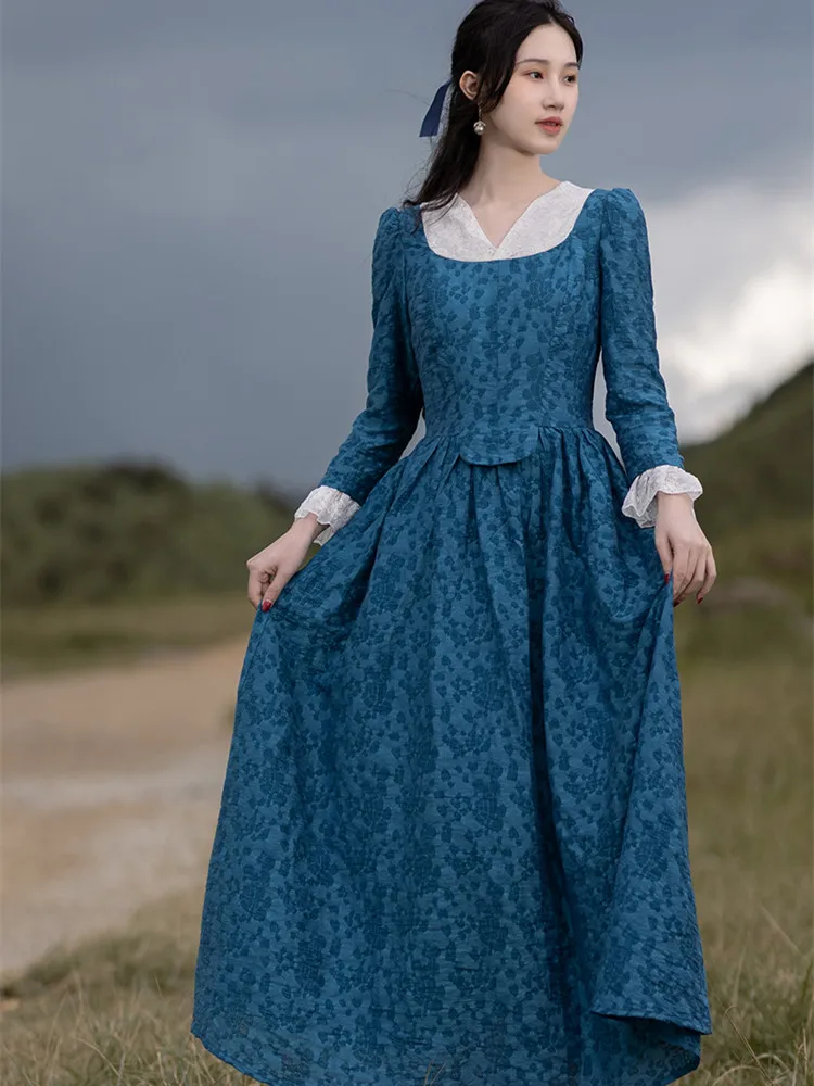 

AIGYPTOS Fall Winter Maxi Dresses For Women Medieval Vintage Elegant Slim Sexy Lace V-Neck Long Sleeve Long Floral Dress Robe
