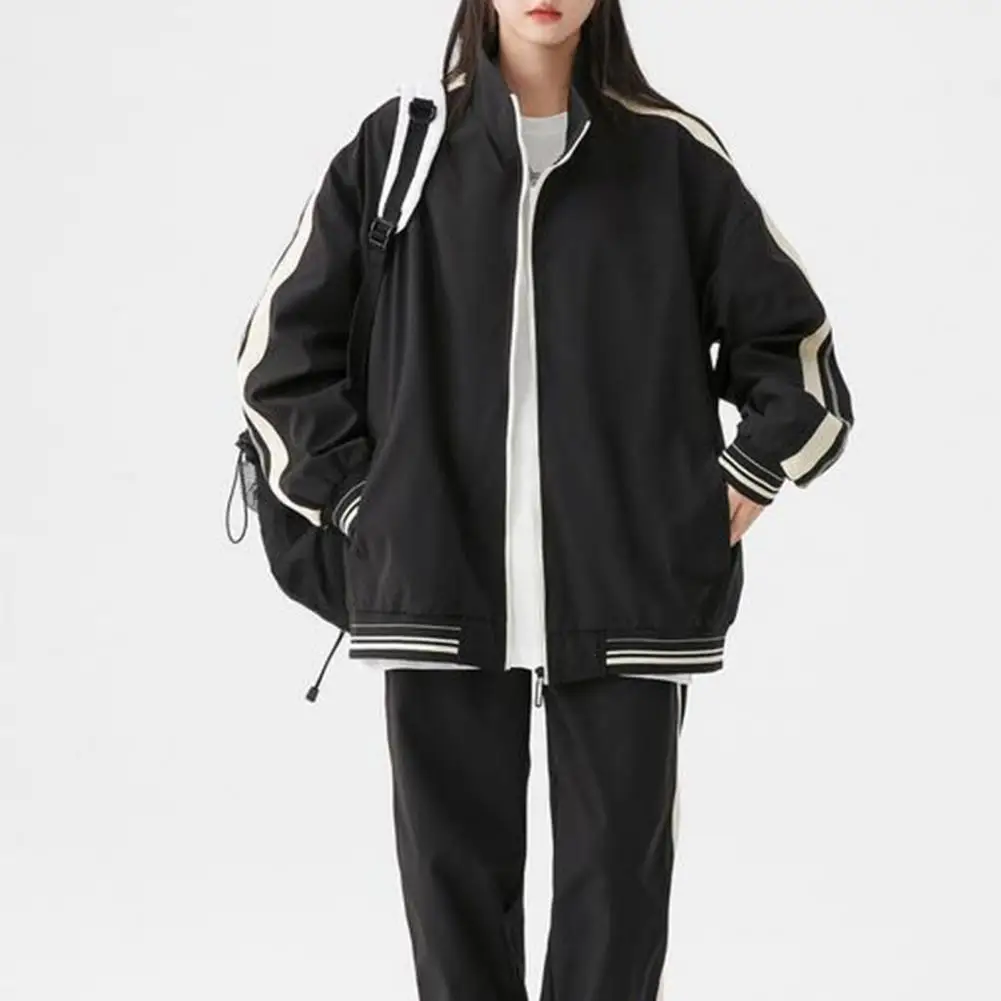 

Fashionable Striped Jacket for Ages Vintage Color Matching Stand Collar Coat Stylish Retro Striped Stitching Jacket for Ages