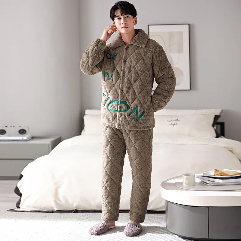 Winter men's pajamas for warmth and comfort, thickened cotton jacket for home wear, can be worn externally as a set