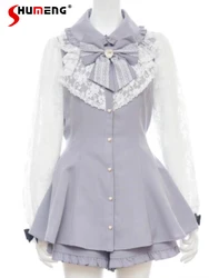 Japanese Lolita Shorts Suit Two Pieces Suit 2023 Fall New Kawaii Cute Mine Mass-Produced Long Sleeve Mid Shirt and Shorts Set