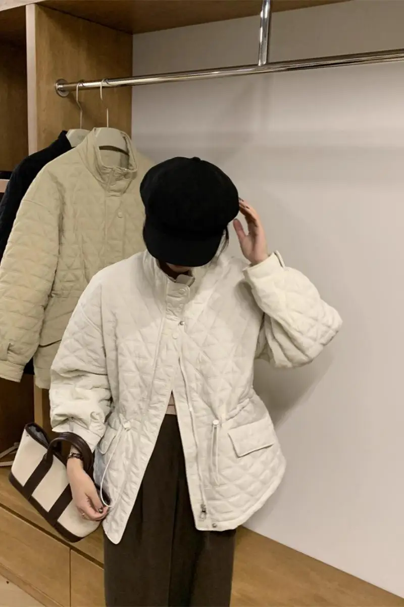 Korean Style Loose Casual Maternity Winter Coats Long Sleeve Zipper Fly Drawstring Waist Pregnant Woman Plaid Cotton Outwear