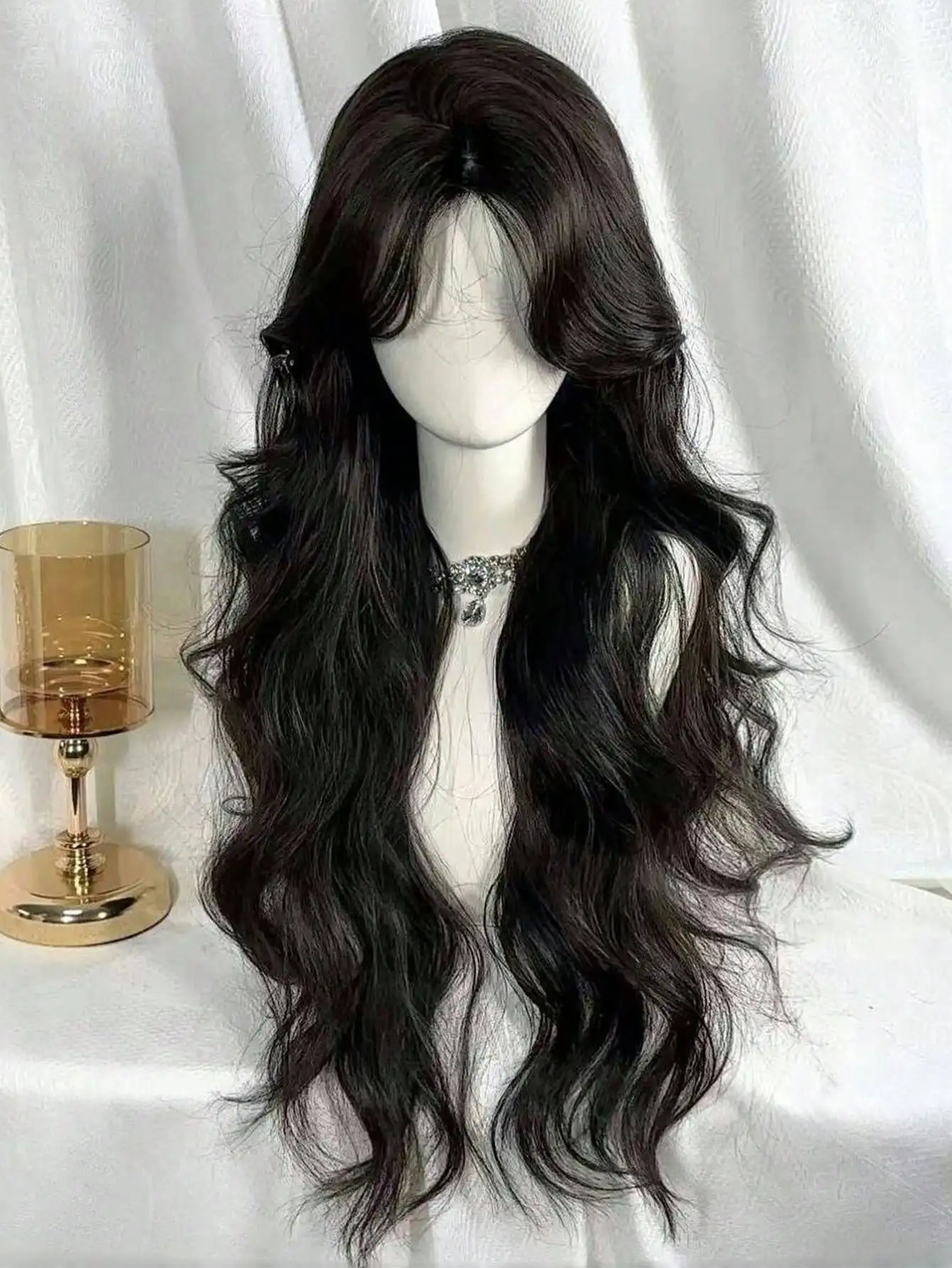 Parrucche Sintetiche da 30 Pollici, Capelli Lunghi Ondulati Ricci LM con Frangia, Parrucche con Fascia per Cosplay, Parrucca Nera Lolita per Uso Quotidiano Femminile - immagine 2