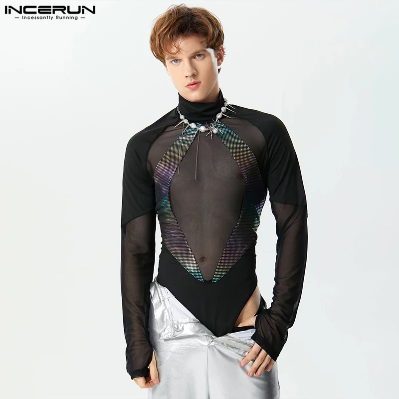 

INCERUN Men Bodysuits Mesh Patchwork Shiny Turtleneck Long Sleeve Rompers 2024 Skinny Transparent Streetwear Male Bodysuit S-3XL