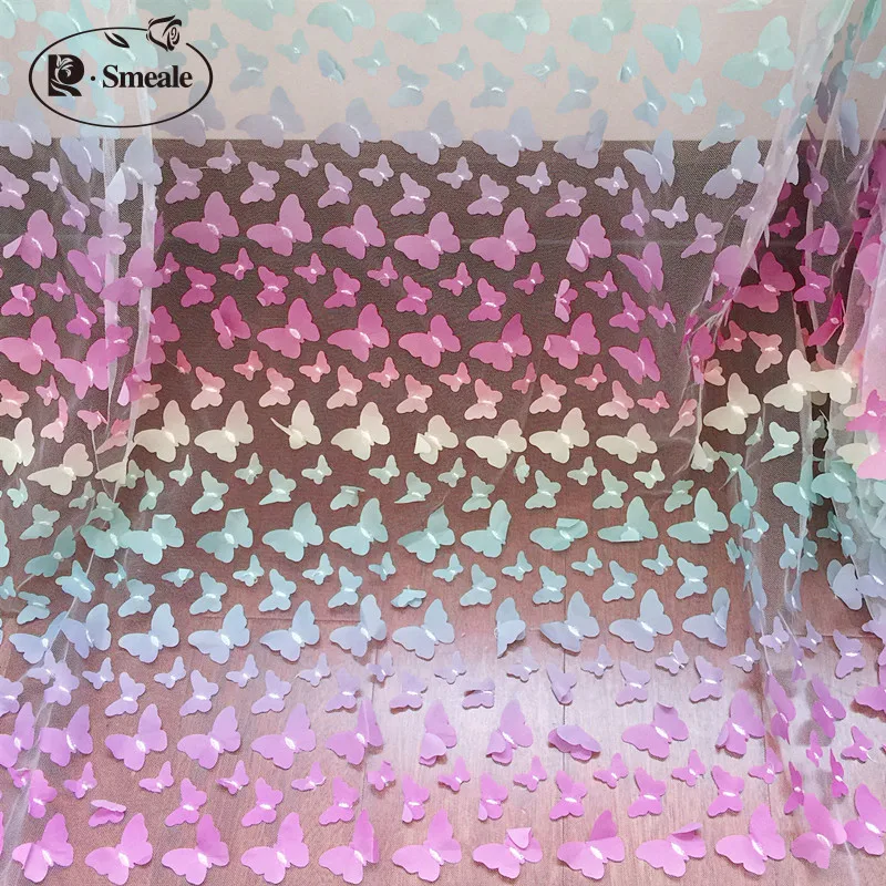 Vibrant Rainbow Butterfly 3D Applique Lace Fabric – Multicolor with Gradient Floral Design for Children's Clothing and DIY Projects