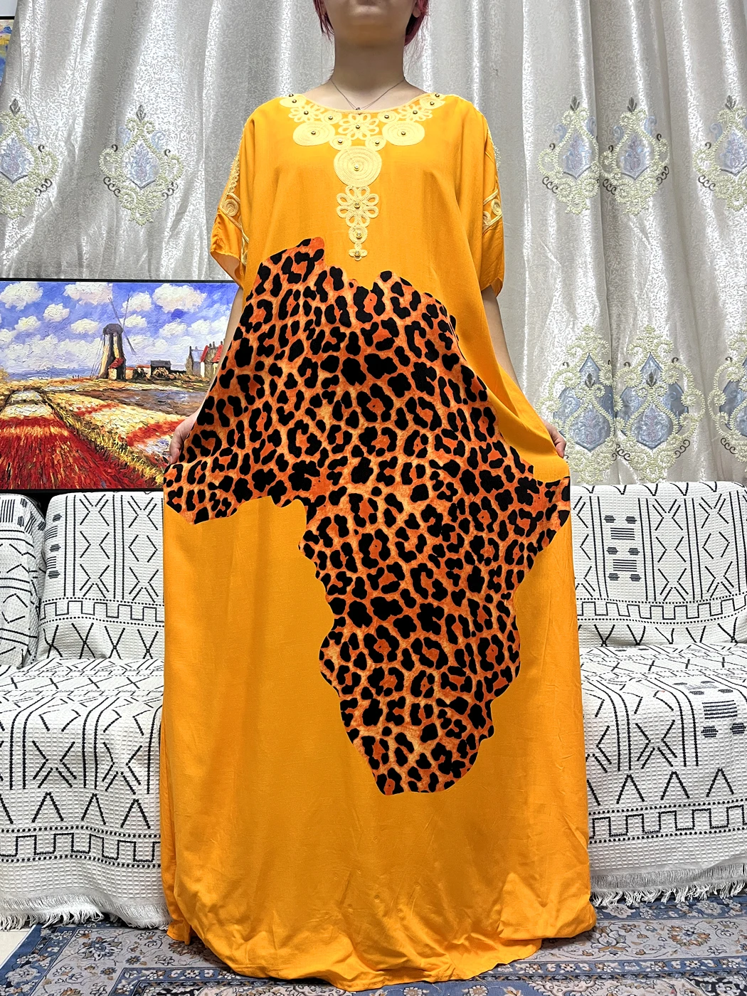Muslim Abayas For Women 2023 New Pure Leopard Print Cotton Appliques Loose Fit Femme Robe African Traditional Dress With Turban