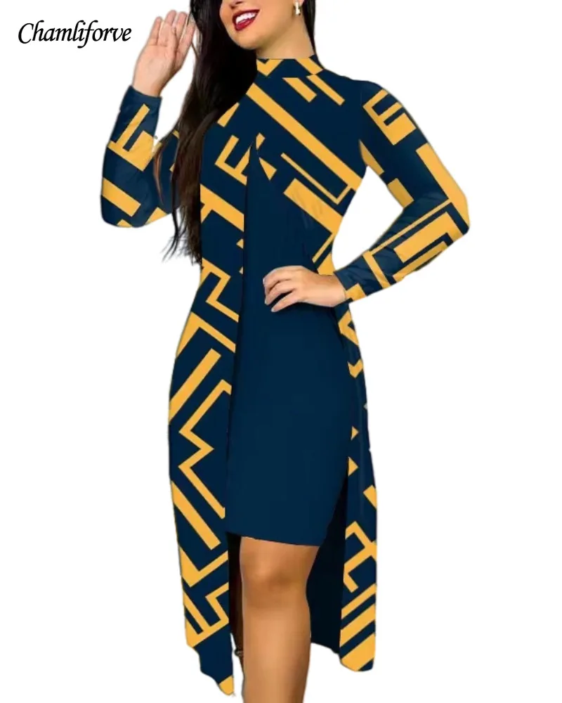 Chamliforve 2023 Autumn New Women's Two Piece Sets Womens Outifits Long-sleeved Printed High-neck Dresses for Women