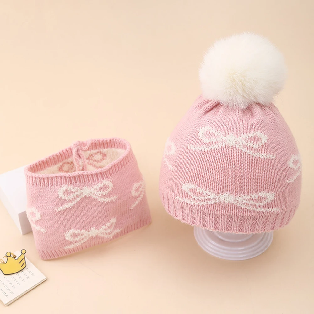 Winter Baby Hat Scarf Set Jacquard Bow Plush Warm Caps Sweet Girls Infant Beaines For Kids 6-36 Month
