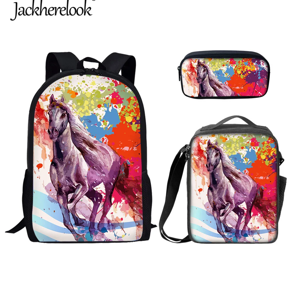 jackherelook-acquerello-art-horse-3-pezzi-set-borse-da-scuola-cool-3d-stampe-di-animali-selvatici-zaino-per-libri-zaini-per-ragazzi-di-grande-capacita