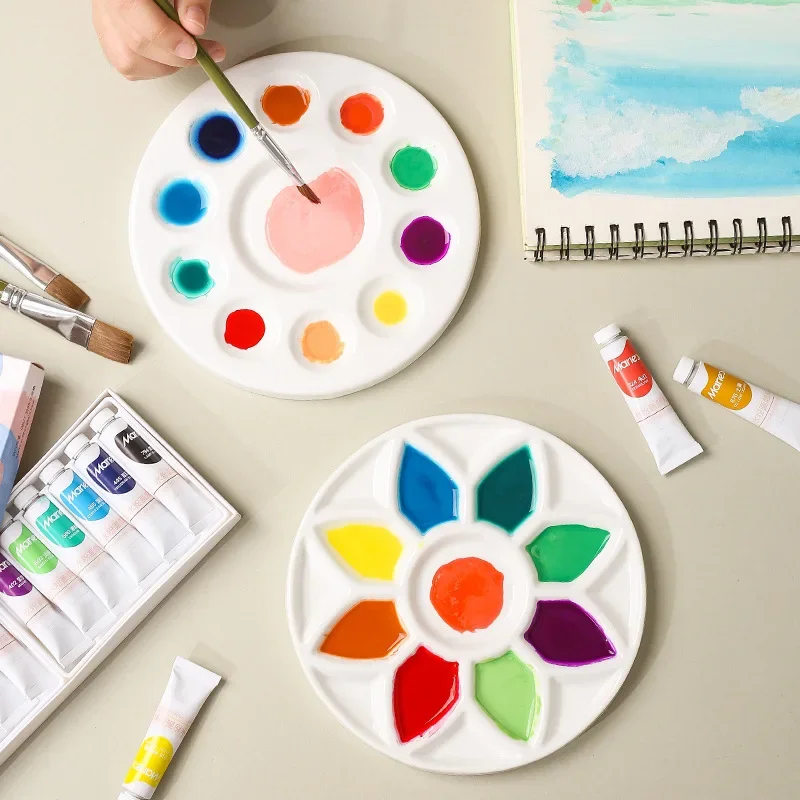 Round Flower Ceramic Palette Color Mixing Paint Palette Tray For Watercolor Gouache Acrylic Painting Art Supplies