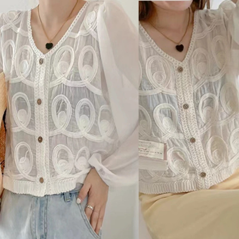 Women Button Up Crop Top Puff Sleeve Hollow Out Crochet Lace Cardigan Dropship