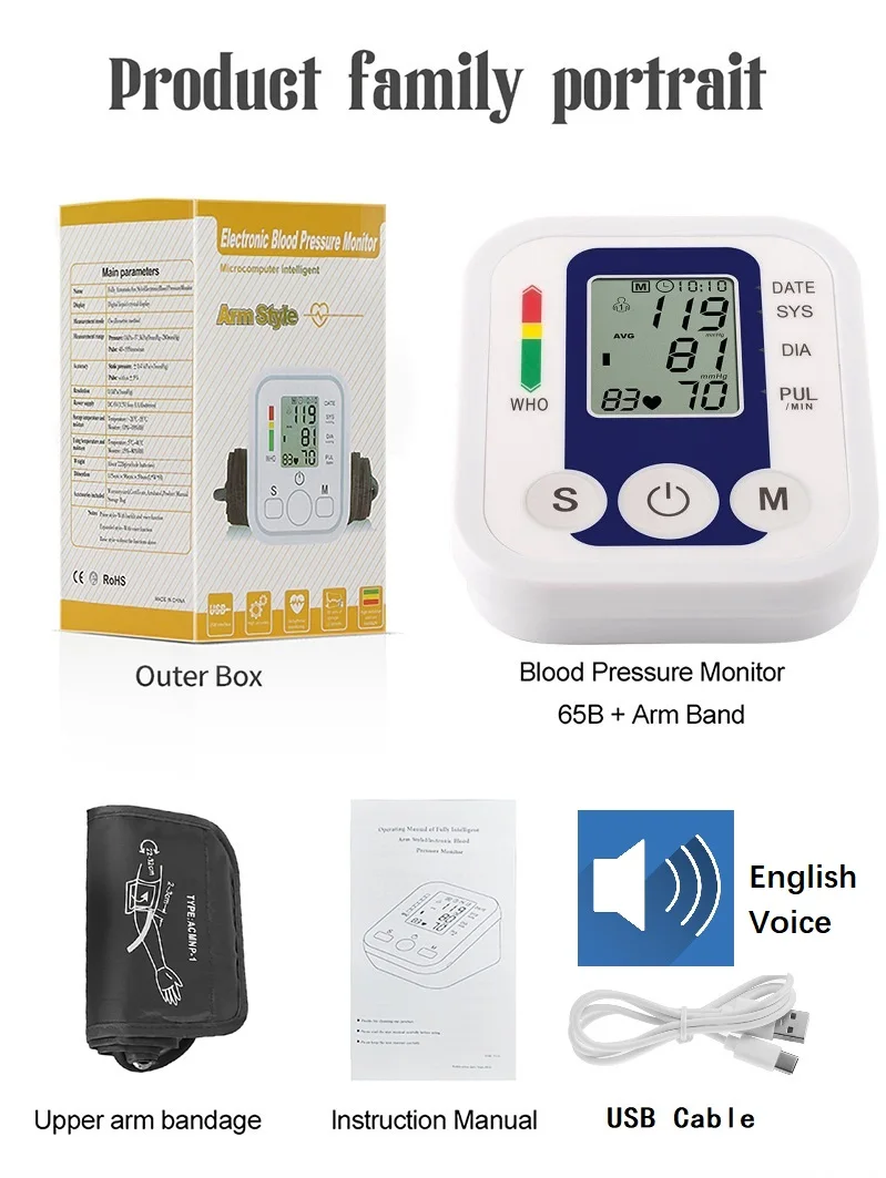 USB Digital Arm Blood Pressure Test Kit Cuff Sensor Monitor BP Automatic Pressure Tonometer Tensiometer Heart Rate Pulse Meter