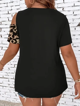Plus Size Leopard Print Button Decor T-Shirt, Casual Cold Shoulder Short Sleeve Top For Spring & Summer, Women's Plus Size Cloth 2