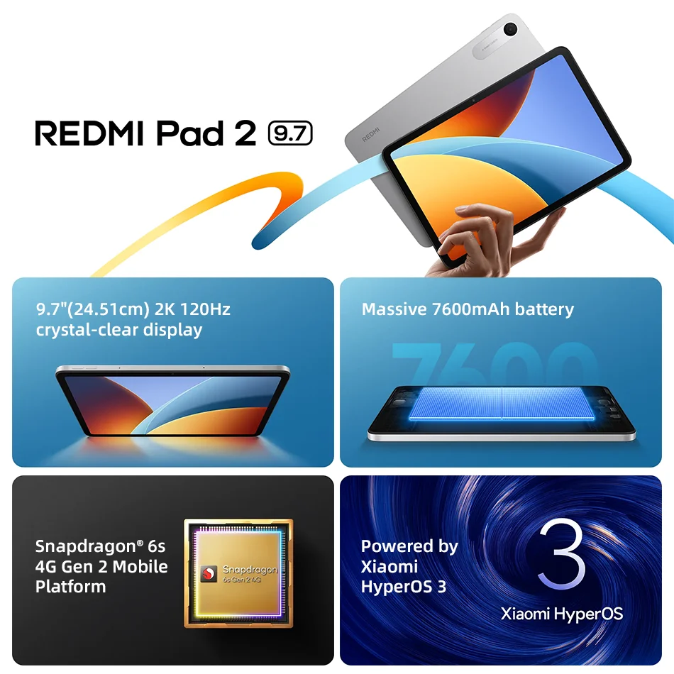 Xiaomi Redmi Pad 2 9.7'' Wifi Tablet Snapdragon 6S 4g Gen 2 System Xiaomi Hyperos 3 9.7'' 2K 120Hz Crystal Clear Display 7600Mah Battery