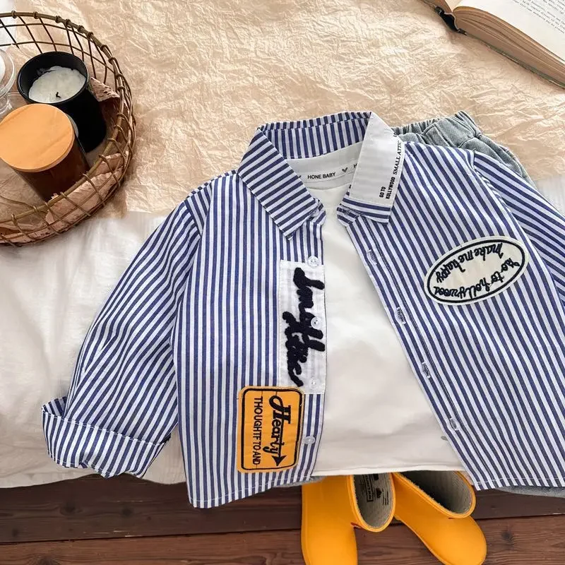 Korean Style Baby Boys Long Sleeve Shirt Striped Turn-down Collar Cotton Top for Autumn Street Fashion Thin Korean S