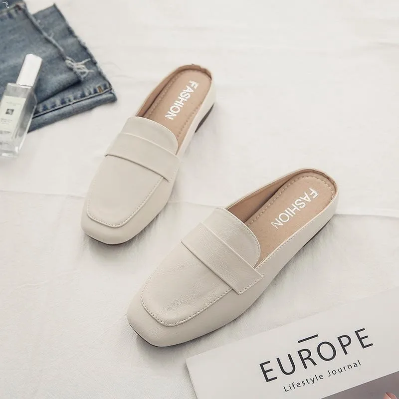 Baotou Half Slippers Women New Fashion Flat Soft Leather Slip-on Lazy Soft Sole Flat Shoes Zapatos Mujer Women Shoes