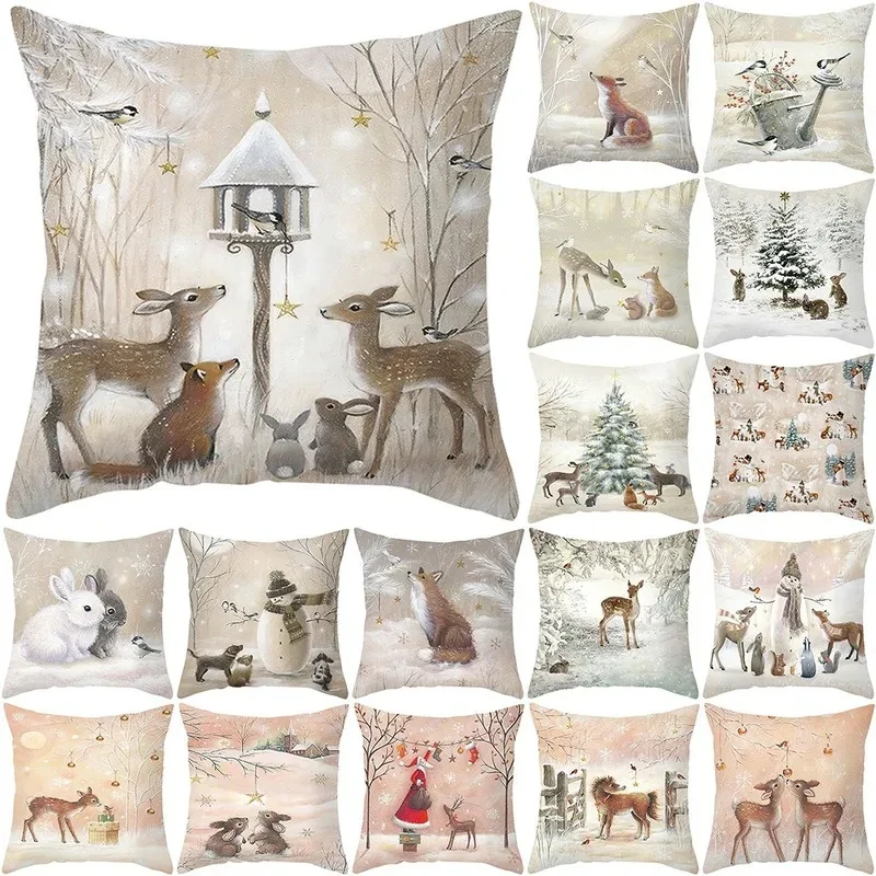 

Animal Rabbit Deer Fox Cover Linen Winter Christmas Tree Pillow Case Dining Table Decor Retro Covers New Holiday Party F1779