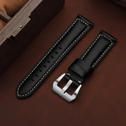 Vintage Oil Wax Leather Watch Strap - Business Style Bracelet in Black, Blue, Brown - 22mm (Black)