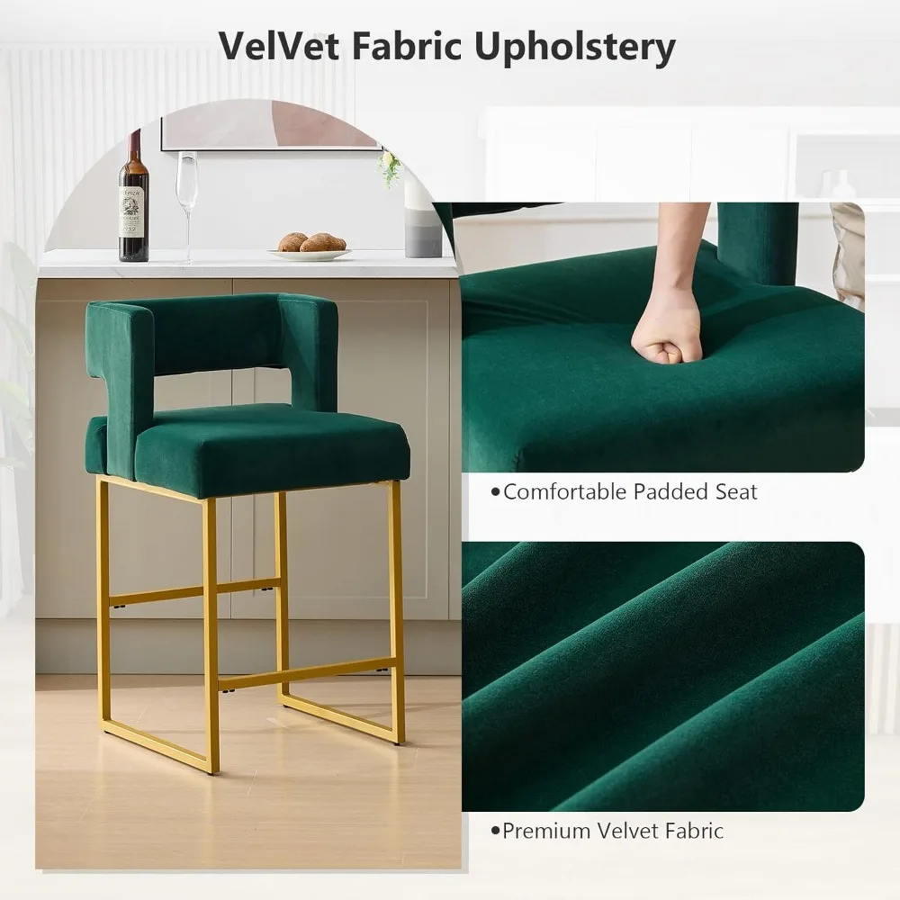 Velvet Bar Stools Set of 4 Counter Height Stools 26" Bar Chair Kitchen Island Chairs with Back Padded Seat Gold Metal Legs 3