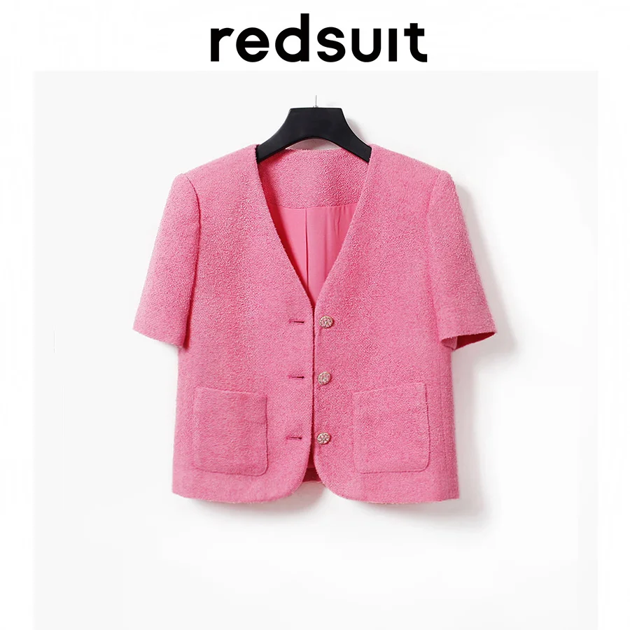 

Showcases a Youthful and Elegant Thin Short Sleeved Jacket with a Small Fragrant V-neck Grapefruit Pink Thin Top for