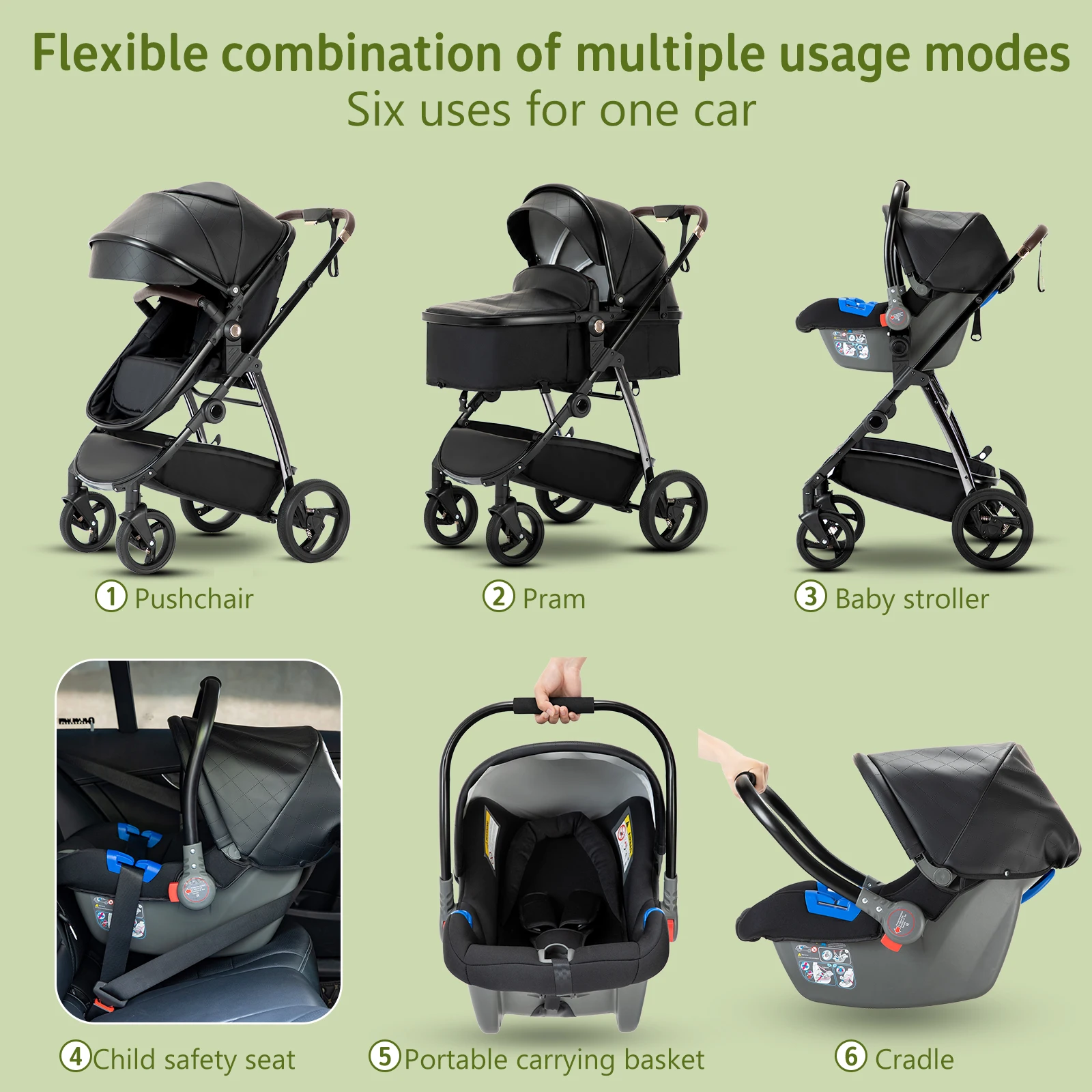 Baby Stroller 3 in 1 Portable Travel Baby Carriage Newborn High Landscape Aluminum Frame Stroller PU leather Infant Fold Parm