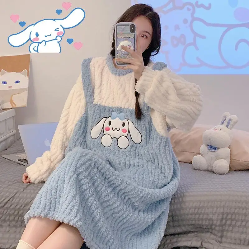 

Sanrioed Cinnamoroll плюшевая ночная рубашка для женщин Kawaii аниме зима большой размер утолщенная Домашняя одежда мультфильм милые девушки свободные милые
