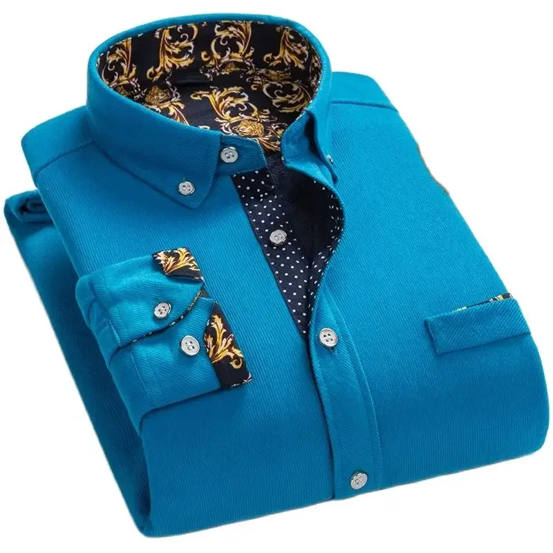 Dress Shirts Men Casual Shirts Winter warm shirt plus velvet thickening fashion print plaid shirt long sleeve men's brand dress M-5XL