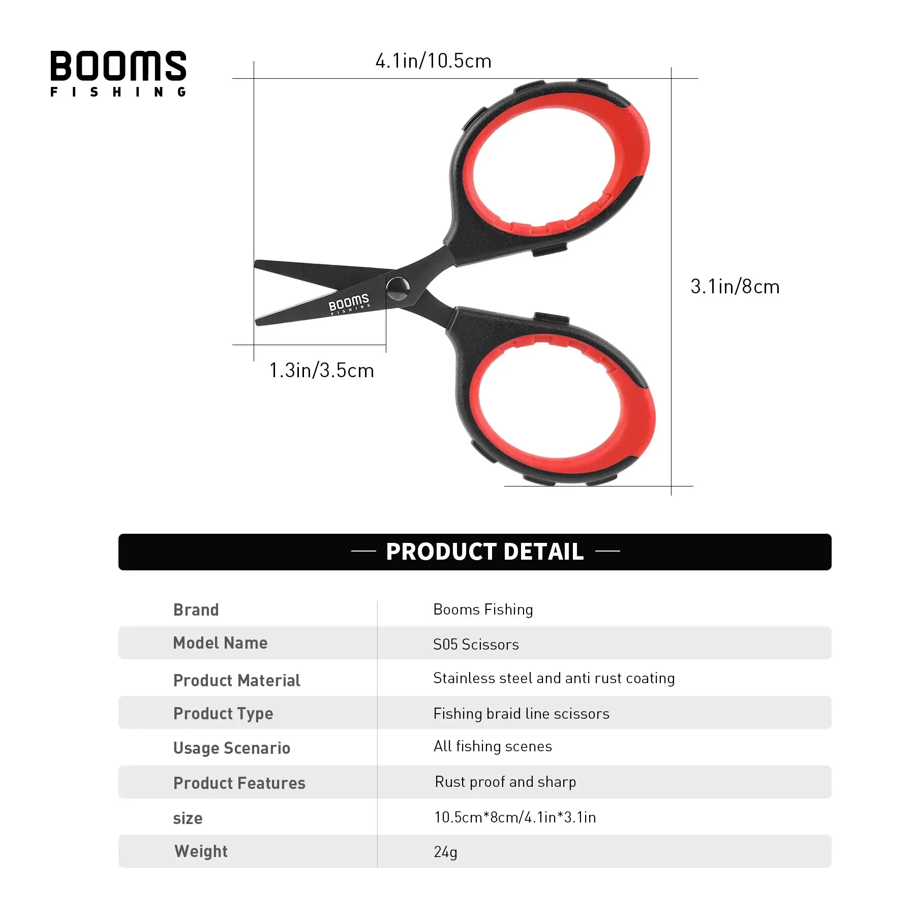 Fishing Scissors Booms Fishing S05 Braid Wire Scissors Stainless Steel Titanium Coating Antirust Anti-Slip Handle Sharp Fish Line Cutter Tools
