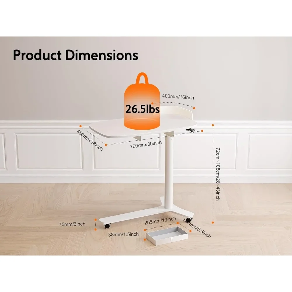New2025-Rolling Desk Adjustable Height with Drawer and Wheels, Portable Small Standing Desk Pneumatic for Home Office, Mobile Co