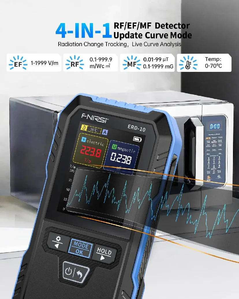 FNIRSI ERD-10 EMF 감지기, 4 in 1 곡선 모드 EMF 방사선 측정기, EMF 리더 전자기장 무선 주파수 감지기