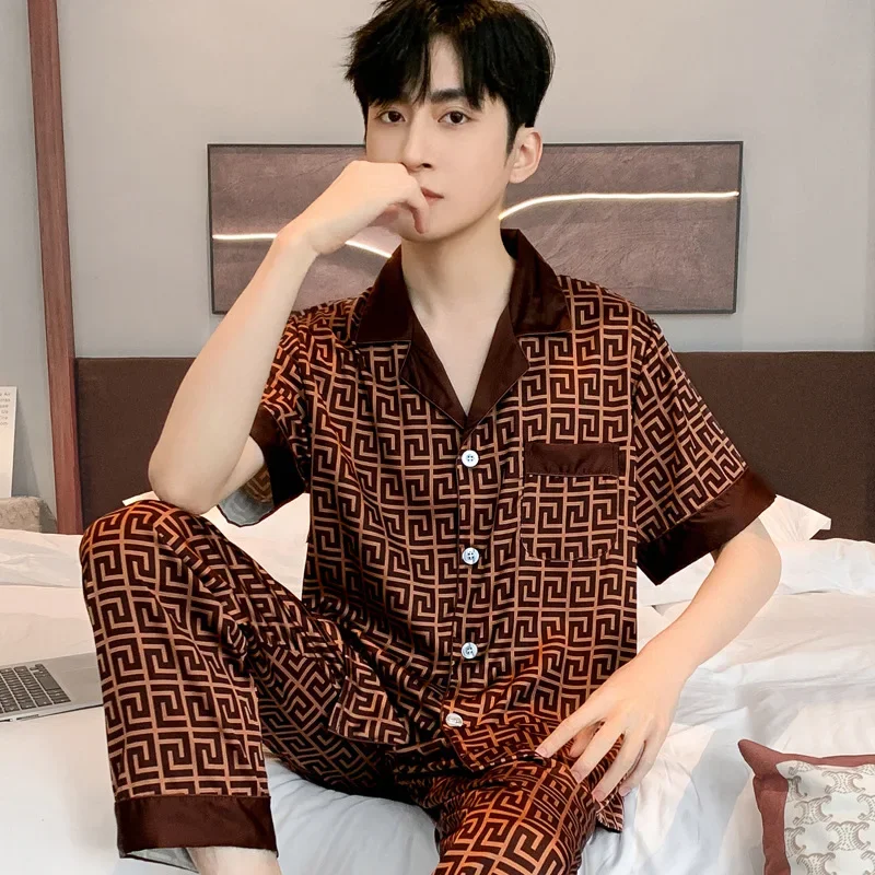 Pajamas Men Spring Summer Thin Ice Silk Luxurious Loose Fitting Home Wear Suit Male Satin Pyjamas Set Night Sleep-Suit Gentlemen