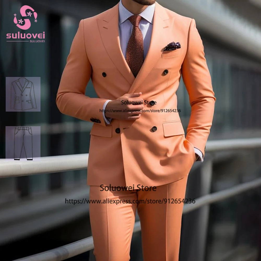 Fashion Double Breasted Suits For Men Slim Fit Custom Made 2 Piece Pants Set Party Prom Groom Wedding Peaked Lapel Tuxedo Blazer