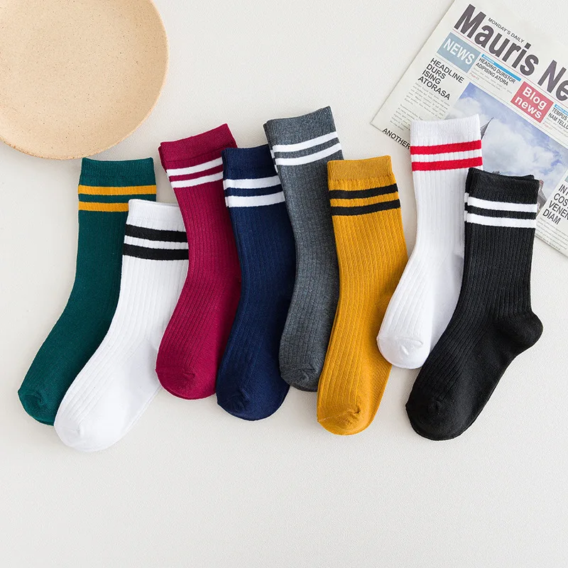 

Cotton Knitting Striped Long Socks Solid Color Harajuku Retro Black White Crew Socks Japanese High School Girls Cute Loose Socks