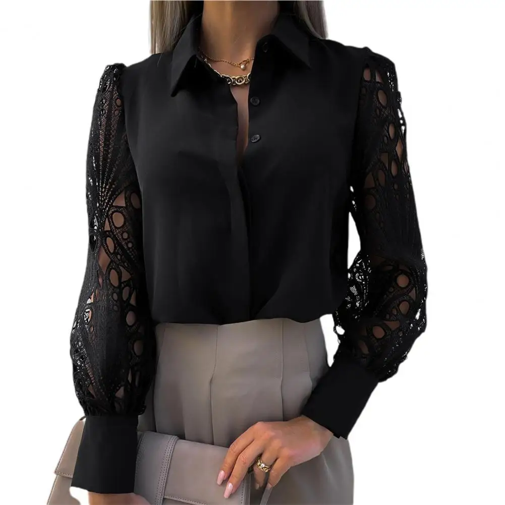 

Office Lady Shirt Blouses Solid Color Lace Patchwork Spring Summer Slim Single-breasted Top Women for Office Party