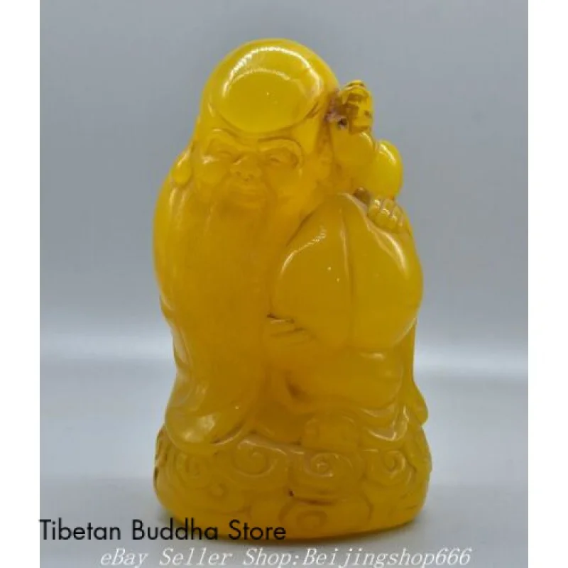 

8.8" Old Chinese Yellow Amber Carved Fengshui God of longevity Peach Statue