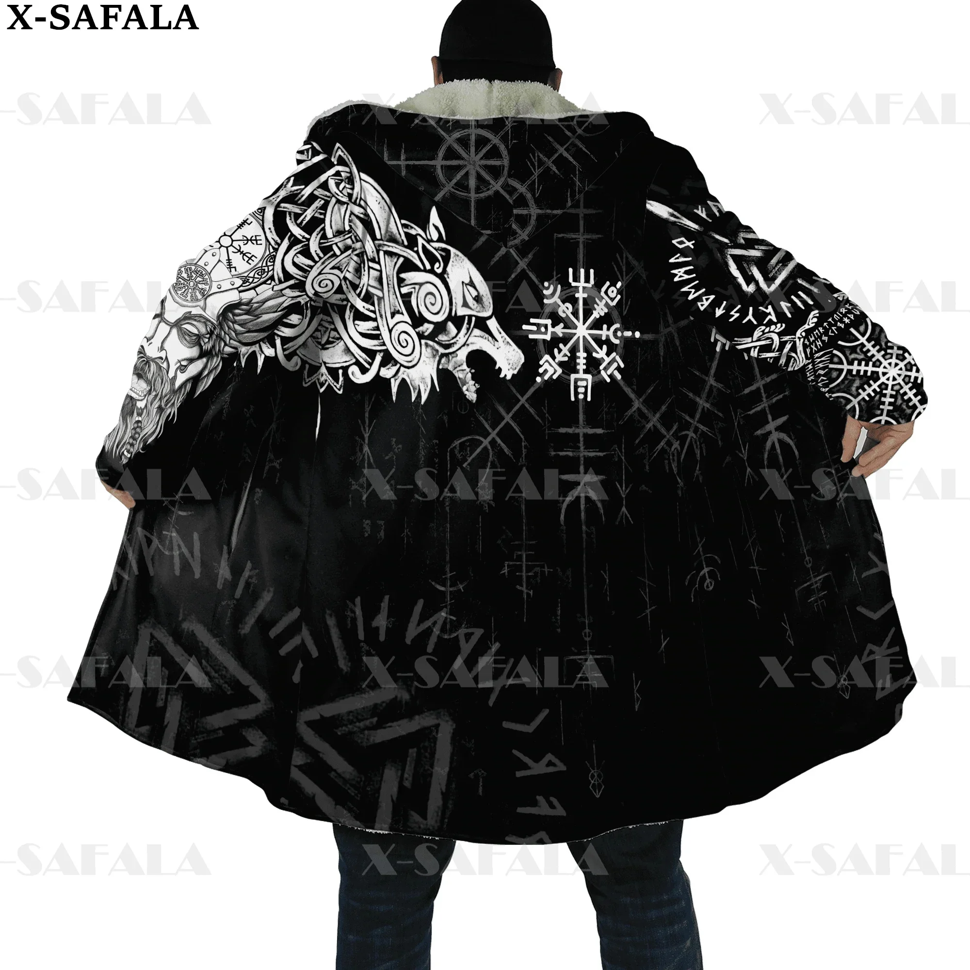 Viking Odin Tattoo Vegvisir Rune Raven Thick Warm Hooded Cloak Men Overcoat Coat Windproof Fleece Cape Robe Hooded Blanket-3