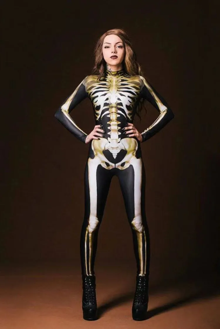 Cosplay Costume Skeleton Skull Digital Printing Women's Tight Halloween Party Jumpsuit Cosplay Costume Zentai Bodysuit Outfits