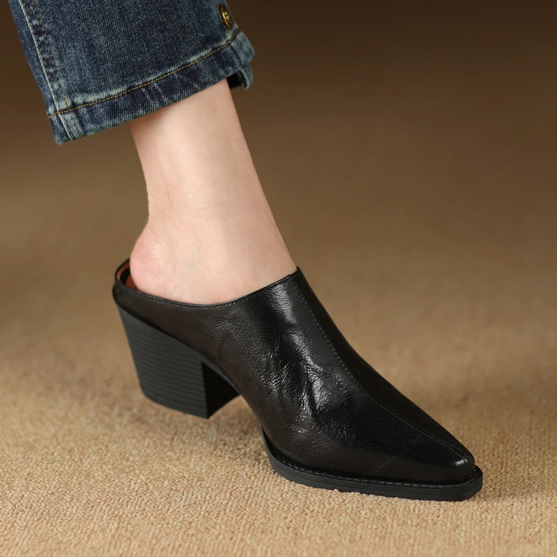 2025 New Spring Summer Leather Mules High Heels Women Shoes
