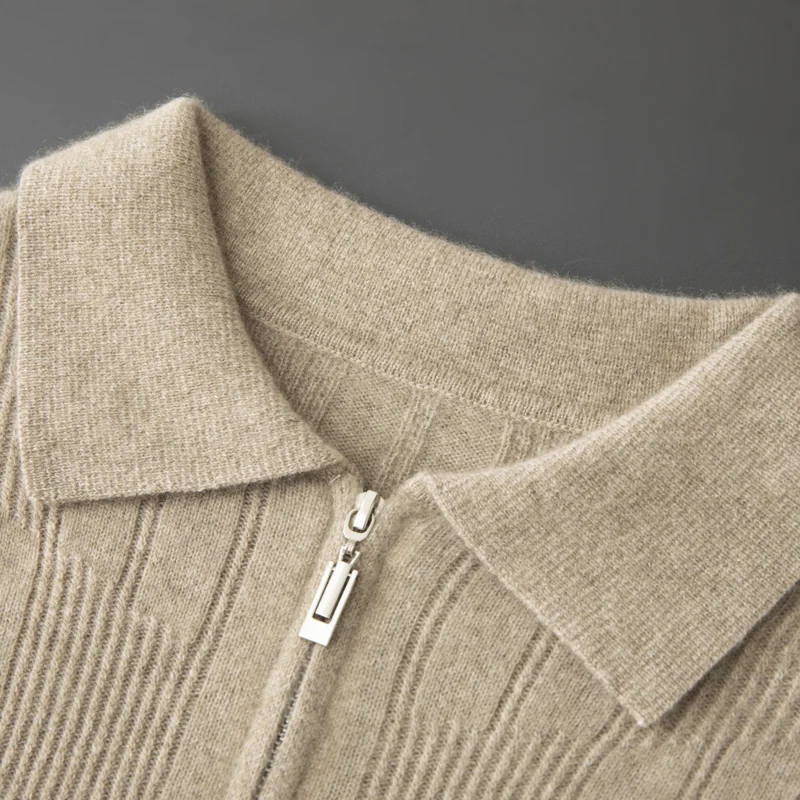 Autumn/Winter 100% Pure Goat Cashmere Knitted Sweater Men's Zipper Half Open POLO Collar Pullover  Warm Top Long Sleeved Sweater 2