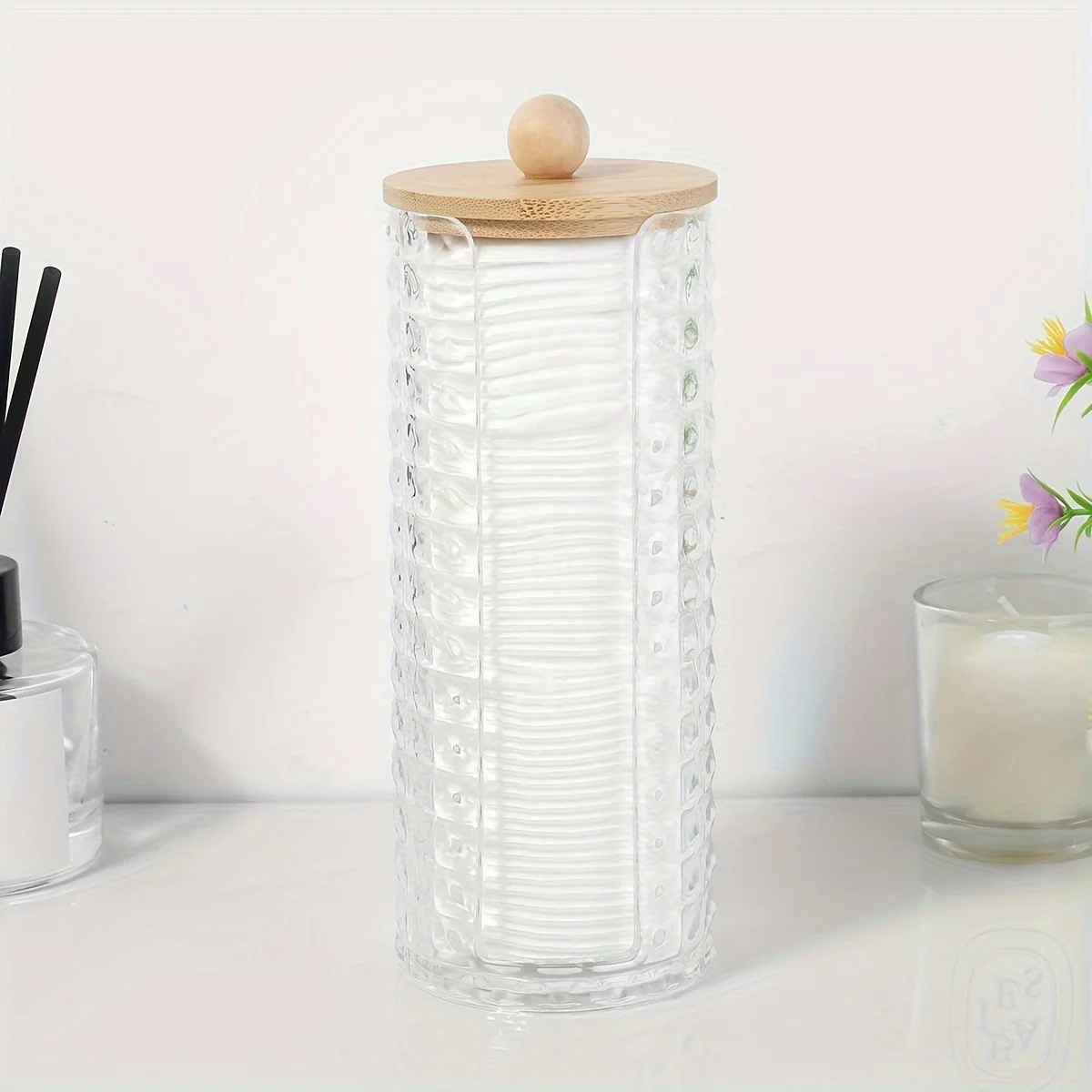 Acrylic Makeup Cotton Pad Holder, Clear Diamond Pattern Cotton Pads Organizer Dispenser Bathroom Jars for Round Cotton Display 3