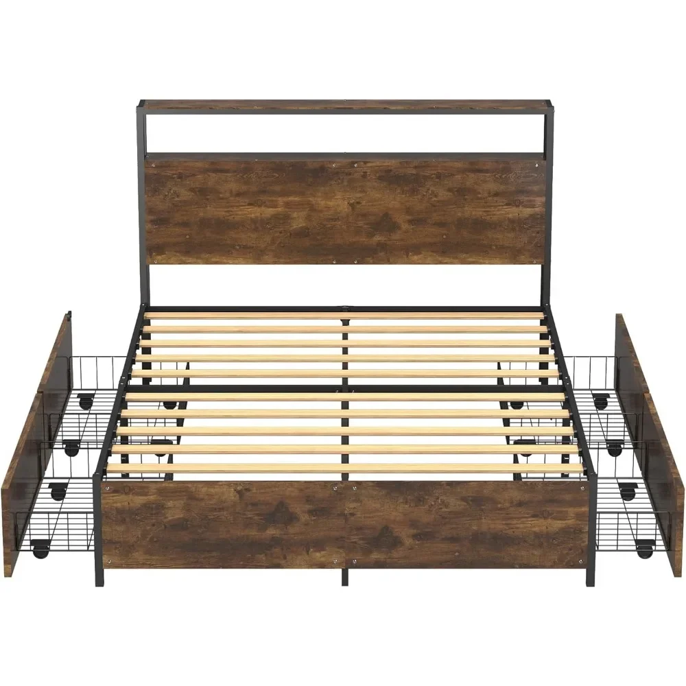 Queen Size Bed Frame,Industrial Metal Platform Bed Frame with 2 Tier Storage Wooden Headboard and Footboard,4 Storage Drawers 6
