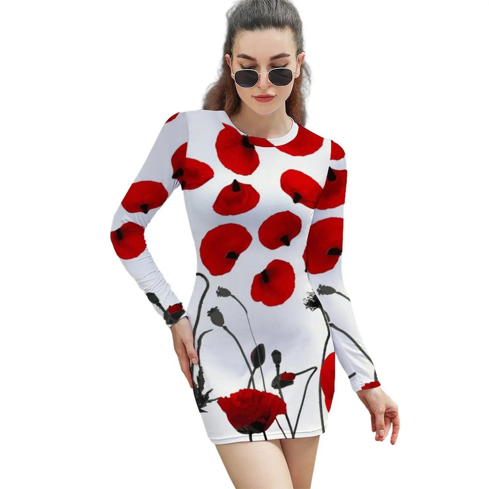 

Modern Black and Red Flowers and Petals Long-Sleeved Sheath Dress elegant party dress for women 2024 elegant guest wedding dress