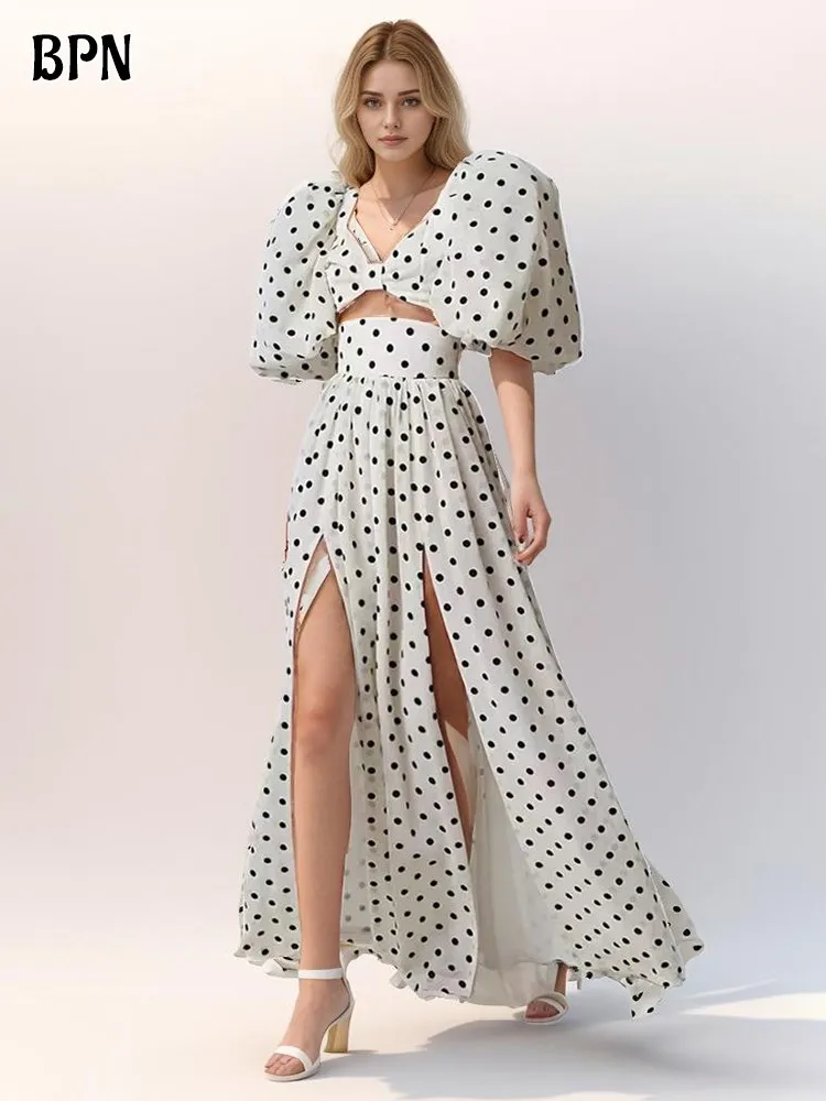 bpn-temperament-two-piece-sets-for-women-v-neck-puff-sleeve-top-high-waist-thigh-split-dot-printing-set-female-fashion-clothing