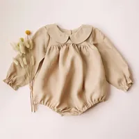 Toddler Girl Vintage Long Sleeve Clothes Baby Girl Linen Cotton Romper Jumpsuit Infant Solid Clothing 3