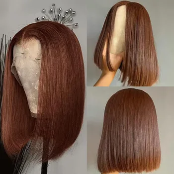 Parrucca Bob in Capelli Umani con Frontale in Pizzo 13x4 # 4 Parrucche Bob Marroni Lisce con Densità 300% e Frontale in Pizzo HD Trasparente, Parrucca con Chiusura in Pizzo 2x6