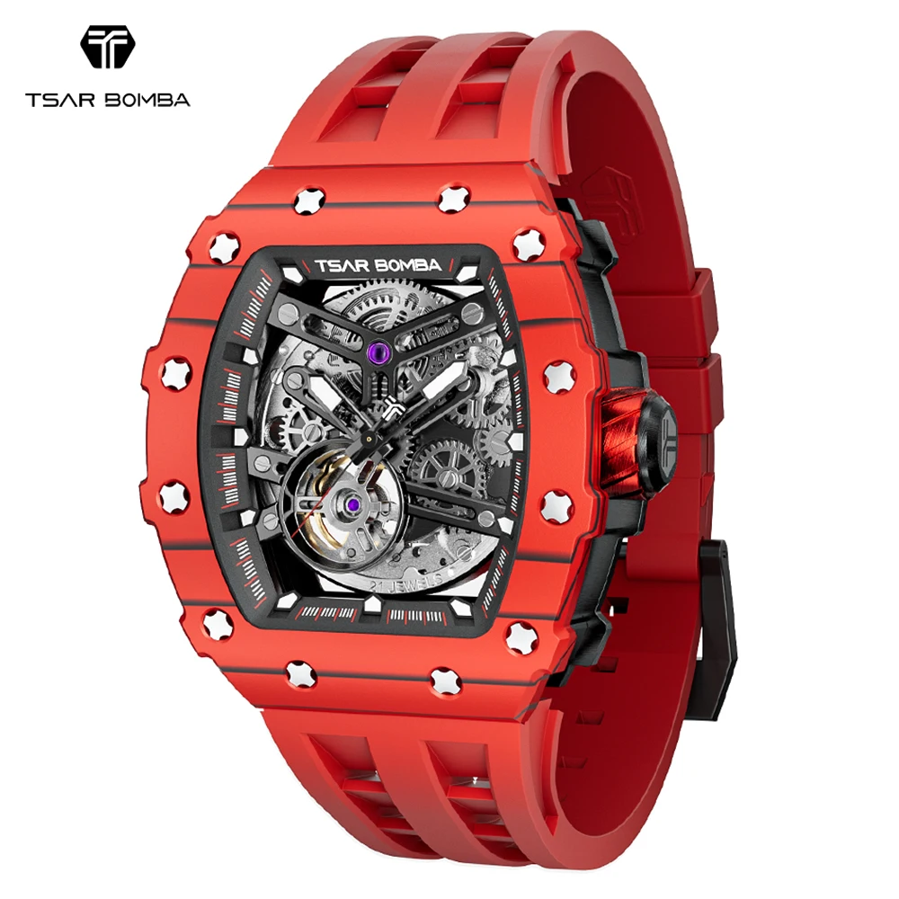 TSAR BOMBA Automatic Watch for Men Carbon Fiber Bezel Skeleton Mechanical Watches Luxury Clock Waterproof Mens WristWatch